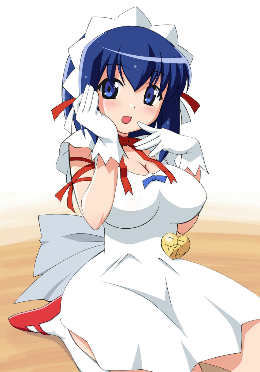 :d absurdres arm_ribbon blue_eyes blue_hair blush breasts cleavage dress fingerless_gloves gloves hairband hand_on_own_cheek hand_to_own_mouth highres kokubunji_koyori large_breasts looking_at_viewer maid maid_headdress mary_janes neck_ribbon nurse_witch_komugi-chan okamura_hijiki open_mouth red_footwear ribbon seiza shoes short_hair simple_background sitting smile solo wariza white_background white_dress white_gloves white_legwear