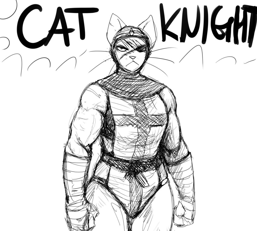 anthro armor big_breasts black_and_white breasts cat_knight clothed clothing dialogue domestic_cat english_text felid feline felis female hladilnik looking_at_viewer mammal mask monochrome scar text wrestling wrestling_match