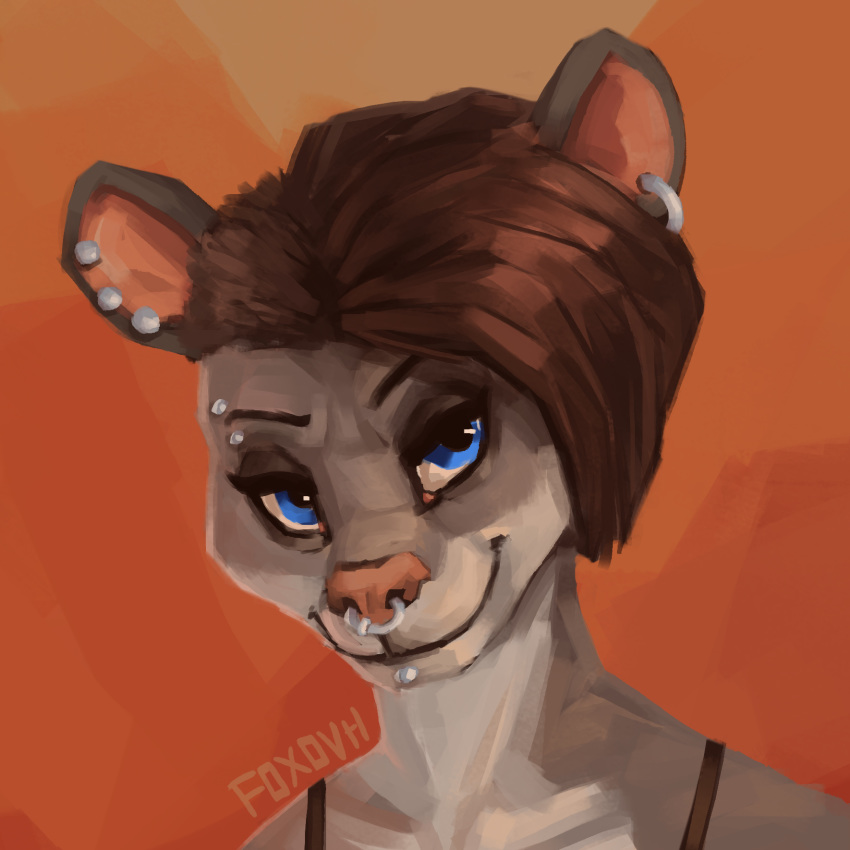 2019 anthro black_eyebrows blue_eyes brown_hair digital_media_(artwork) digital_painting_(artwork) ear_piercing erin_(foxovh) eyebrows facial_piercing female foxovh front_view fur grey_fur hair headshot_portrait hi_res lip_piercing looking_at_viewer mammal mouse nose_piercing nose_ring orange_background piercing pink_nose portrait rodent septum_piercing short_hair simple_background solo