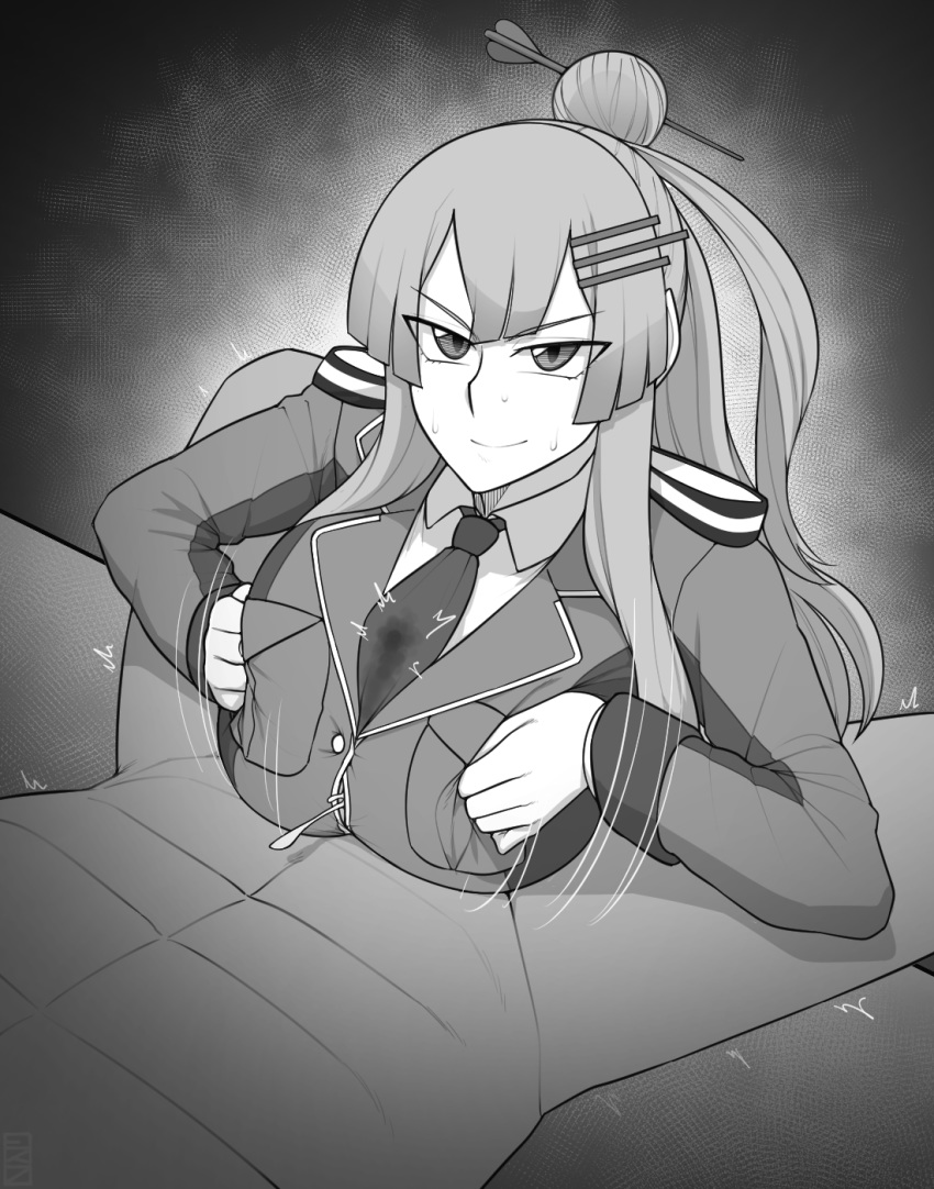 1boy 1girl black_and_white breasts cum cum_on_body cum_on_breasts cum_on_upper_body ekz_(drawfag) formal frolaytia_capistrano hair_bun hair_pin heavy_object highres huge_breasts military monochrome paizuri paizuri_under_clothes smug suit sweat tie uniform