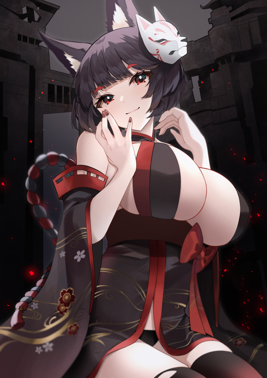 1girl absurdres animal_ear_fluff azur_lane bare_shoulders black_hair black_legwear black_panties bow breasts cat_mask center_opening detached_sleeves highres large_breasts mask mask_on_head nail_polish panties red_bow red_eyes red_nails rigging short_hair sitting solo thighhighs torn_clothes torn_legwear underwear wide_sleeves yamaha_tsui yamashiro_(azur_lane) yamashiro_(meta)_(azur_lane)