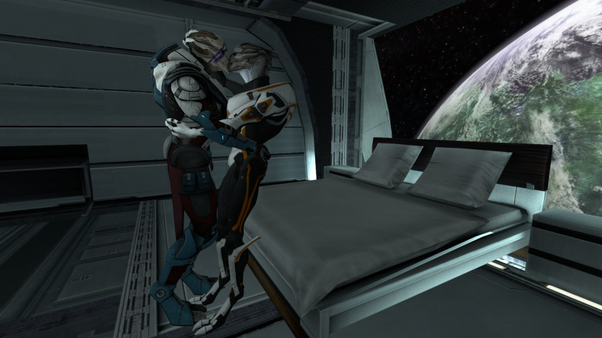 3d_(artwork) alien bed digital_media_(artwork) duo embrace female furniture furryyesnt hi_res hug humanoid kissing male male/female mass_effect mass_effect_andromeda planet source_filmmaker space turian vetra_nyx video_games