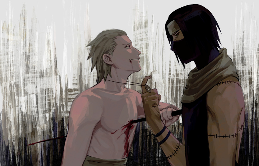 2boys black_hair blood hair_slicked_back hidan_(naruto) highres impaled jewelry kakuzu_(naruto) male_focus mask mouth_mask multiple_boys naruto naruto_(series) necklace ninja_mask scarf self_harm shading smirk stitches white_hair yaoi yi_(199702090505)