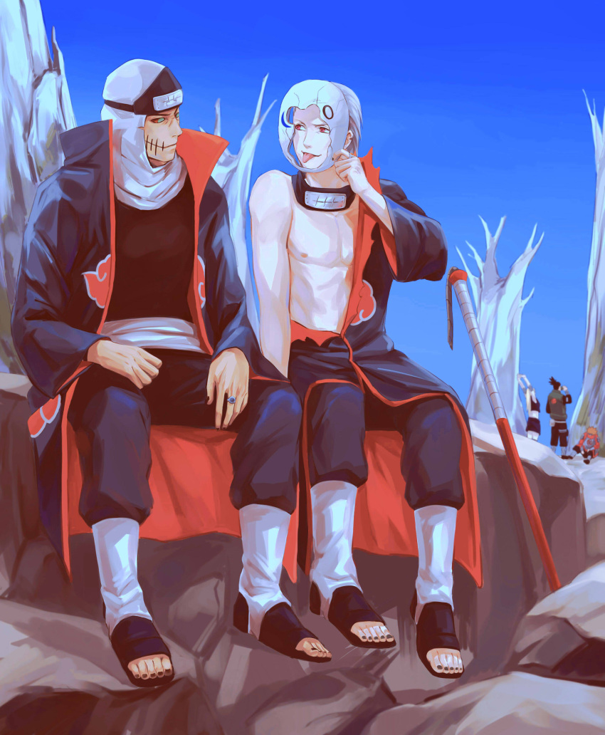 2boys :p absurdres akatsuki_(naruto) akatsuki_uniform akimichi_chouji broken_mask coat forehead_protector headpiece hidan_(naruto) highres kakuzu_(naruto) mask mask_removed multiple_boys nara_shikamaru naruto naruto_(series) naruto_shippuuden open_clothes open_coat outdoors red_eyes stitched_mouth stitches tongue tongue_out torn_clothes yamanaka_ino yi_(199702090505)