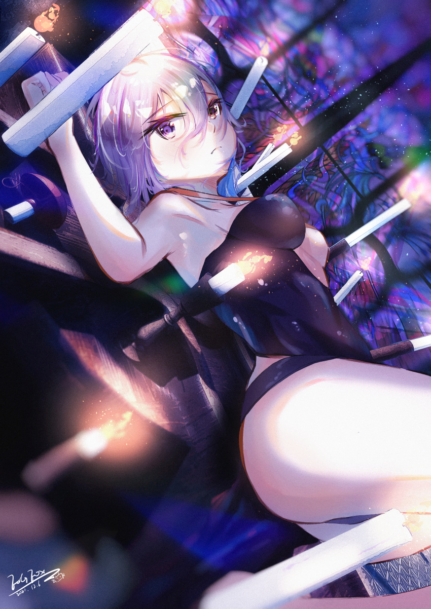 1girl absurdres bangs black_dress breasts candle church_interior cleavage closed_mouth commentary dated dress eyebrows_visible_through_hair eyelashes fate/grand_order fate_(series) fogfox grey_hair hair_between_eyes highres indoors jacques_de_molay_(foreigner)_(fate) looking_away lying medium_breasts medium_hair on_back on_floor purple_eyes short_dress signature solo