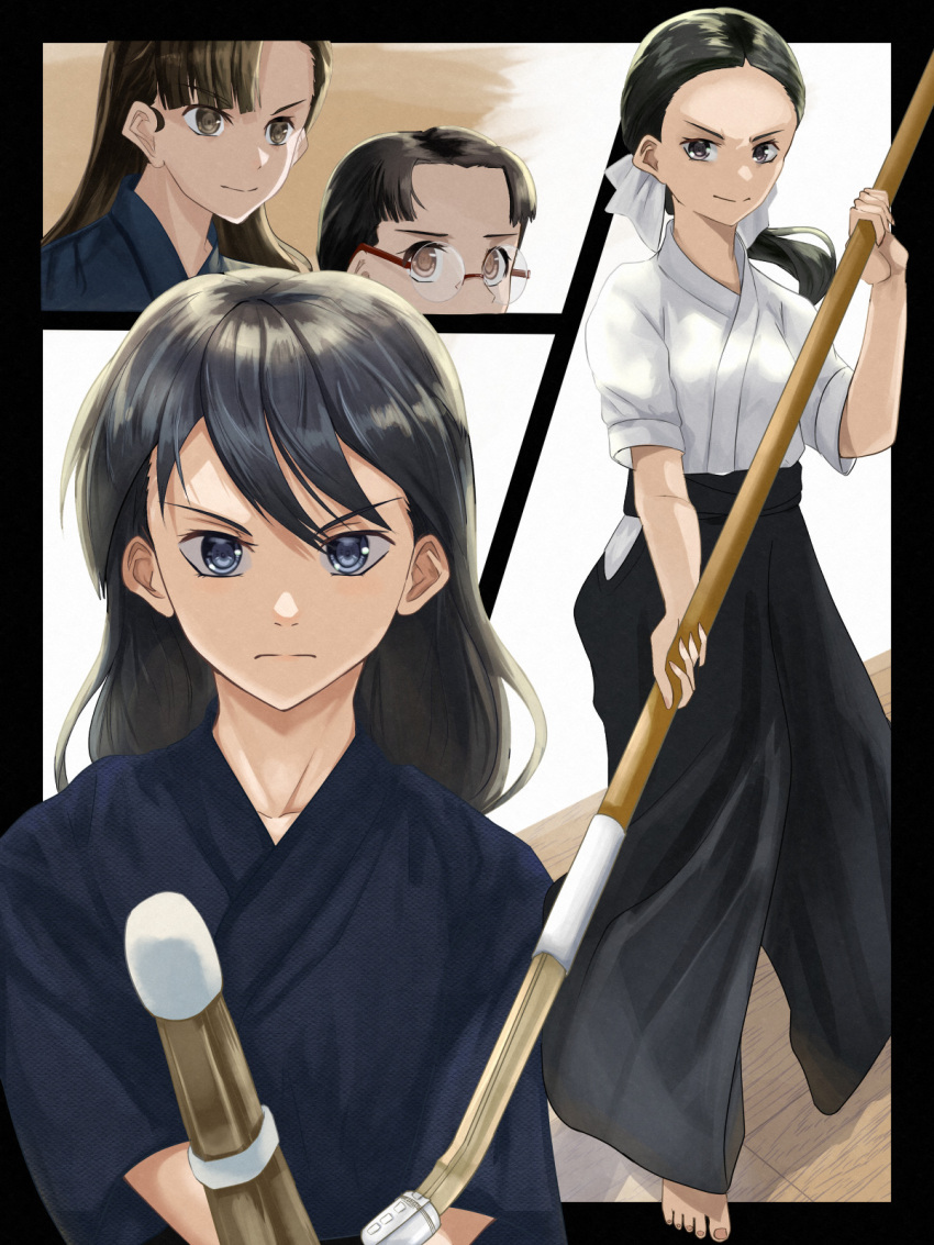 4girls asymmetrical_bangs bangs barefoot black_border black_eyes black_hair black_hakama black_kimono bokken border bow closed_mouth commentary_request frown fukuda_haru girls_und_panzer hair_bow hakama highres holding holding_staff ikeda_emi japanese_clothes kendo kimono kubota_rin long_hair looking_at_viewer low_ponytail multiple_girls nishi_kinuyo nmz_zmn outside_border partial_commentary rimless_eyewear round_eyewear short_sleeves staff standing sword weapon white_bow white_kimono wooden_floor wooden_sword