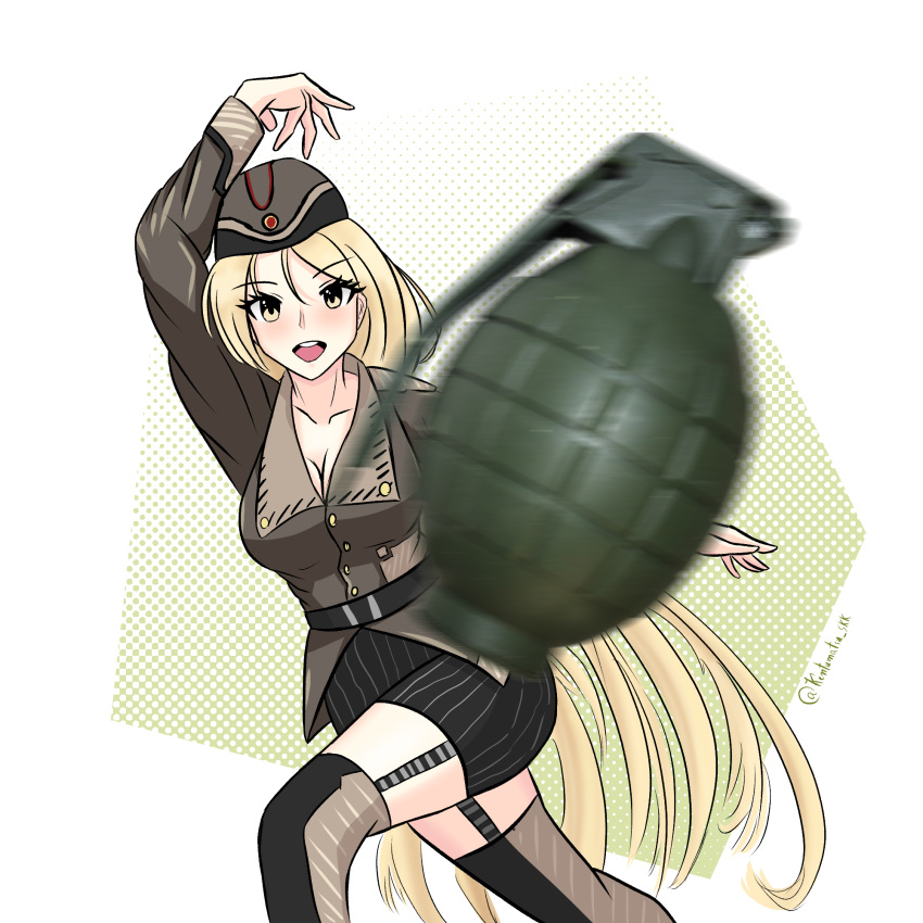 1girl bangs belt black_skirt blonde_hair blush breasts brown_headwear brown_jacket cleavage collarbone explosive eyebrows_visible_through_hair feet_out_of_frame girls'_frontline grenade hat highres jacket kentumatsu long_hair looking_at_viewer medium_breasts military military_hat military_uniform open_mouth pp-2000_(girls'_frontline) simple_background skirt smile solo standing teeth twitter_username uniform upper_teeth yellow_eyes