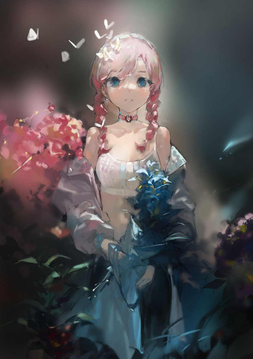 1girl arknights bare_shoulders blue_eyes blue_flower blue_jacket blue_poison_(arknights) blue_poison_(shoal_beat)_(arknights) bouquet braid bug butterfly choker earrings flower hair_over_shoulder hairband highres holding holding_bouquet jacket jewelry long_hair navel o-ring o-ring_choker off_shoulder pants parted_lips pink_choker pink_hair solo sports_bra stomach twin_braids white_hairband yoga_pants zygocactus