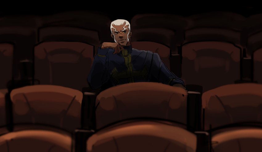 1boy black_eyes dark-skinned_male dark_skin enrico_pucci facial_hair hand_on_own_face highres indoors iq230230 jojo_no_kimyou_na_bouken male_focus priest seat solo stone_ocean watching white_hair