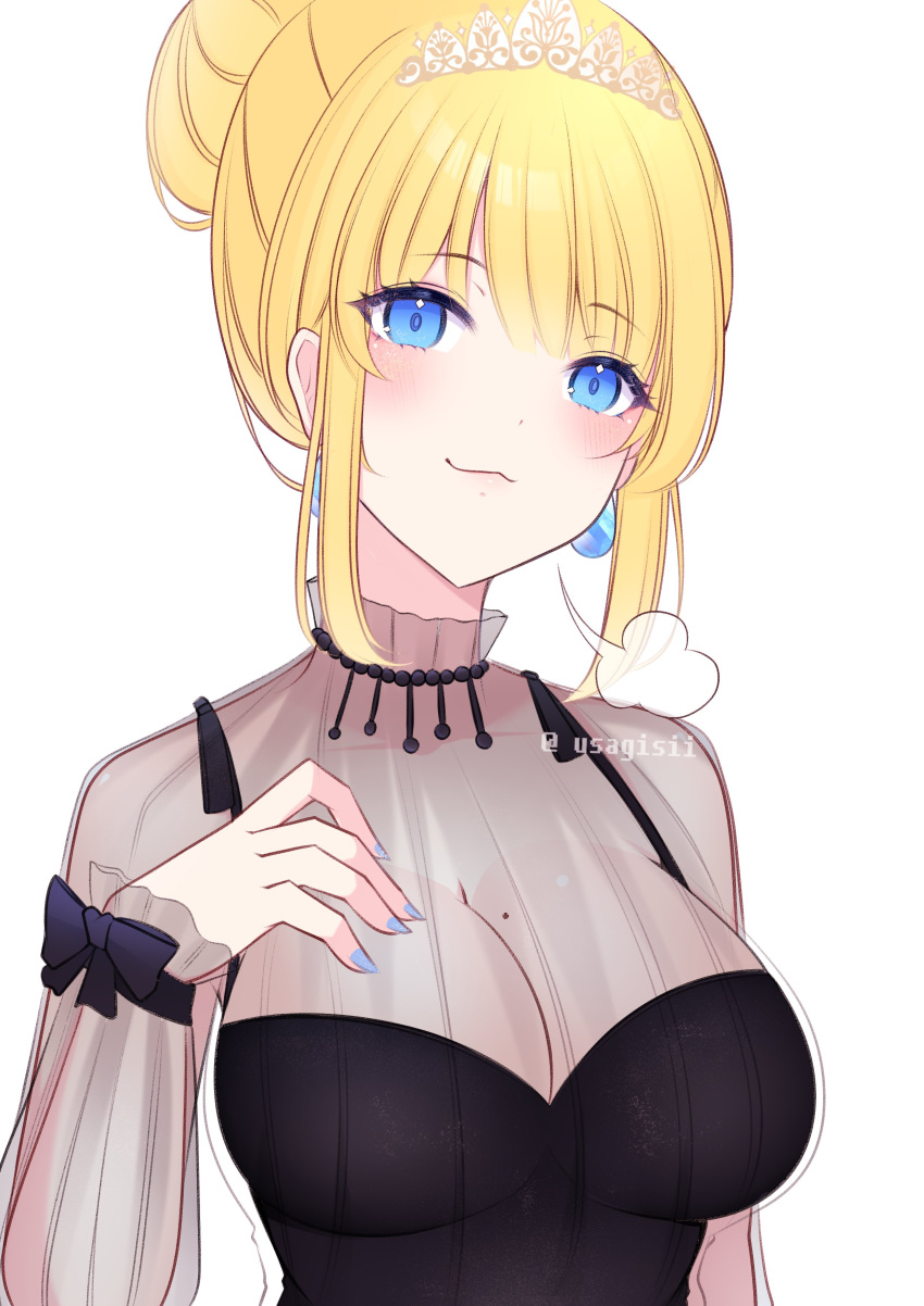 1girl absurdres black_dress blonde_hair blue_eyes blue_nails breasts cleavage doyagao dress drop_earrings earrings fingerless_gloves gloves hair_bun hair_up hand_on_own_chest highres hololive hololive_english jewelry large_breasts looking_at_viewer mole mole_on_breast nail_polish official_alternate_costume see-through_sleeves sidelocks simple_background smirk smug solo teardrop_earring tiara twitter_username usagisii watermark watson_amelia white_background