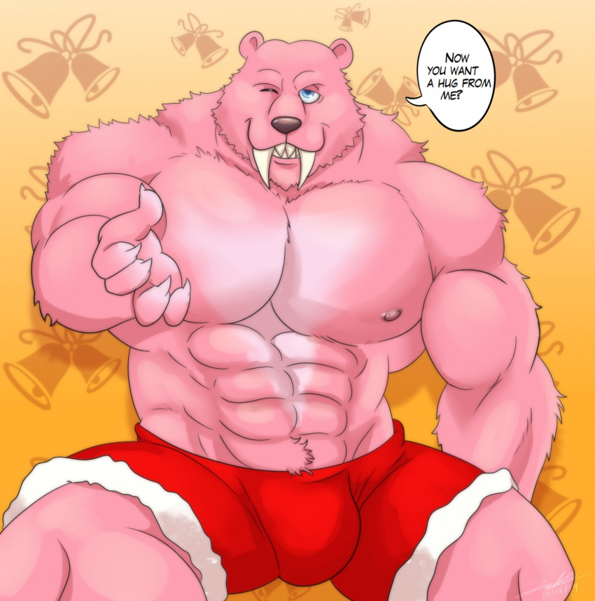 2019 5_fingers abs anthro bell biceps black_nose black_text blue_eyes booster_(jingle_all_the_way) bottomwear bulge clothing dialogue fangs felid fingers fur grin hi_res jabuhusky jingle_all_the_way leg_muscles looking_at_viewer machairodontine male mammal muscular muscular_anthro muscular_male one_eye_closed pattern_background pecs pink_body pink_fur reaching red_bottomwear red_clothing red_shorts sabertooth_(anatomy) sabertoothed_cat shorts signature simple_background sitting smile solo speech_bubble text v-cut wink yellow_background