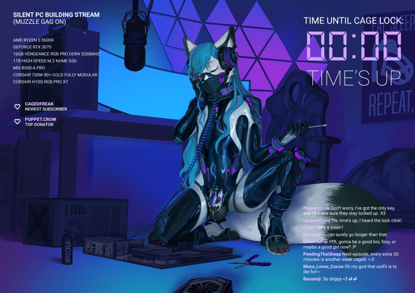 2021 absurd_res anthro bassenji biped black_collar canid canine chastity_cage chastity_device collar computer detailed_background english_text eyes_closed fox headphones hi_res high_heels male mammal microphone muzzle_(object) muzzled pliers screwdriver submissive submissive_anthro submissive_male text tools