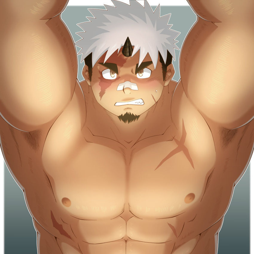 1boy akiha_gongen_(housamo) armpit_hair armpits arms_up bandaid bandaid_on_nose bara cross_scar dark-skinned_male dark_skin facial_hair frown goatee highres horns large_pectorals long_sideburns looking_at_viewer male_focus mature_male multicolored_hair muscular muscular_male nipples pectorals scar scar_across_eye scar_on_chest short_hair shu_(homohomofever3) sideburns single_horn solo thick_eyebrows tokyo_afterschool_summoners two-tone_hair upper_body white_hair