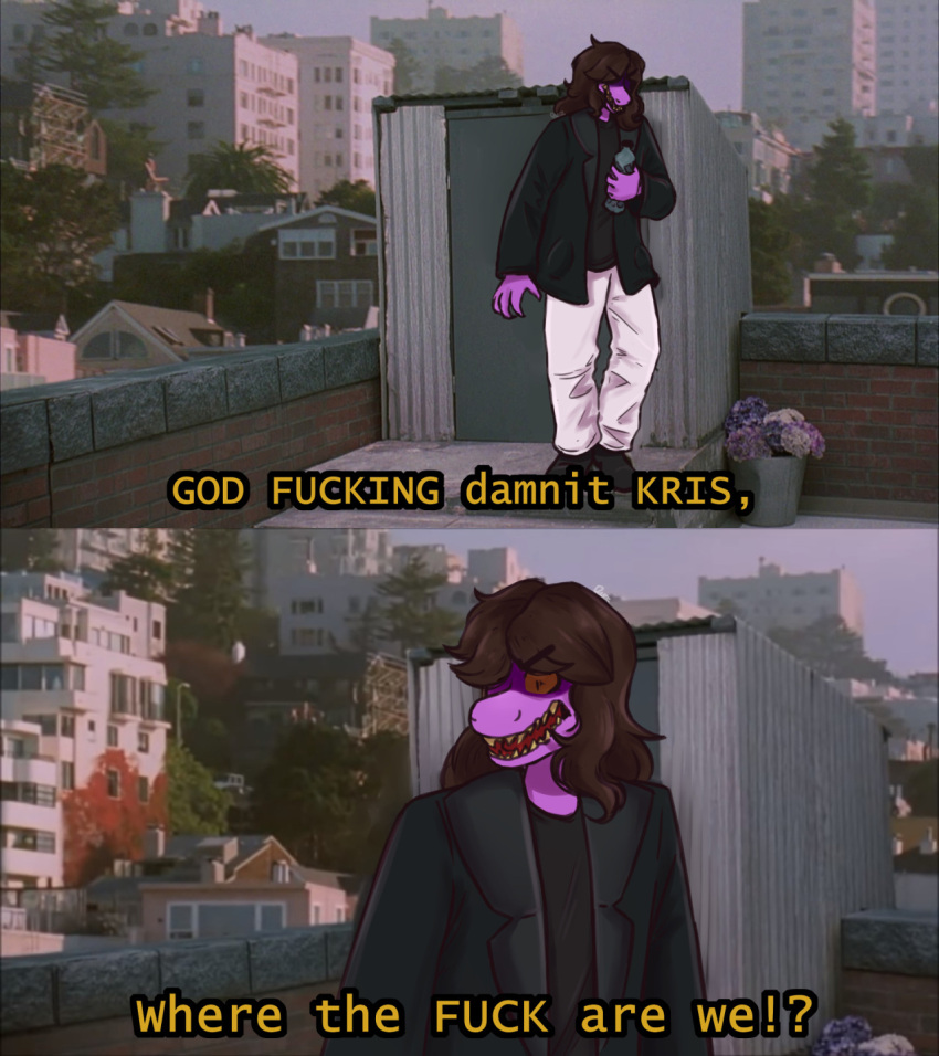 2021 anotherfandomtrash anthro bottle brown_hair clothed clothing deltarune dinosaur english_text female hair hi_res holding_bottle holding_object humor kris_where_are_we long_hair meme outside parody pink_body profanity reptile scalie screencap screencap_background shitpost solo suit susie_(deltarune) text the_room tommy_wiseau undertale_(series) video_games