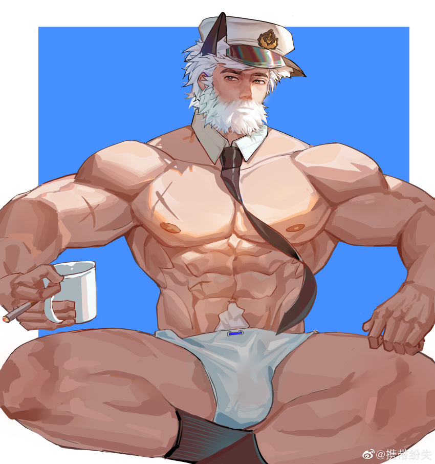 1boy abs absurdres animal_ears arknights bara beard black_necktie briefs bulge cat_ears cigarette cross_scar crossed_legs cup detached_collar facial_hair hat highres holding holding_cup large_pectorals male_focus male_underwear mature_male mug muscular muscular_male mustache navel navel_hair necktie nipples old old_man pancho_salas_(arknights) pectorals sailor_hat scar scar_on_chest short_hair simple_background socks solo stomach thick_thighs thighs topless_male underwear underwear_only wet wet_clothes wet_male_underwear white_hair white_male_underwear xiedaifenshi_(7329016845)