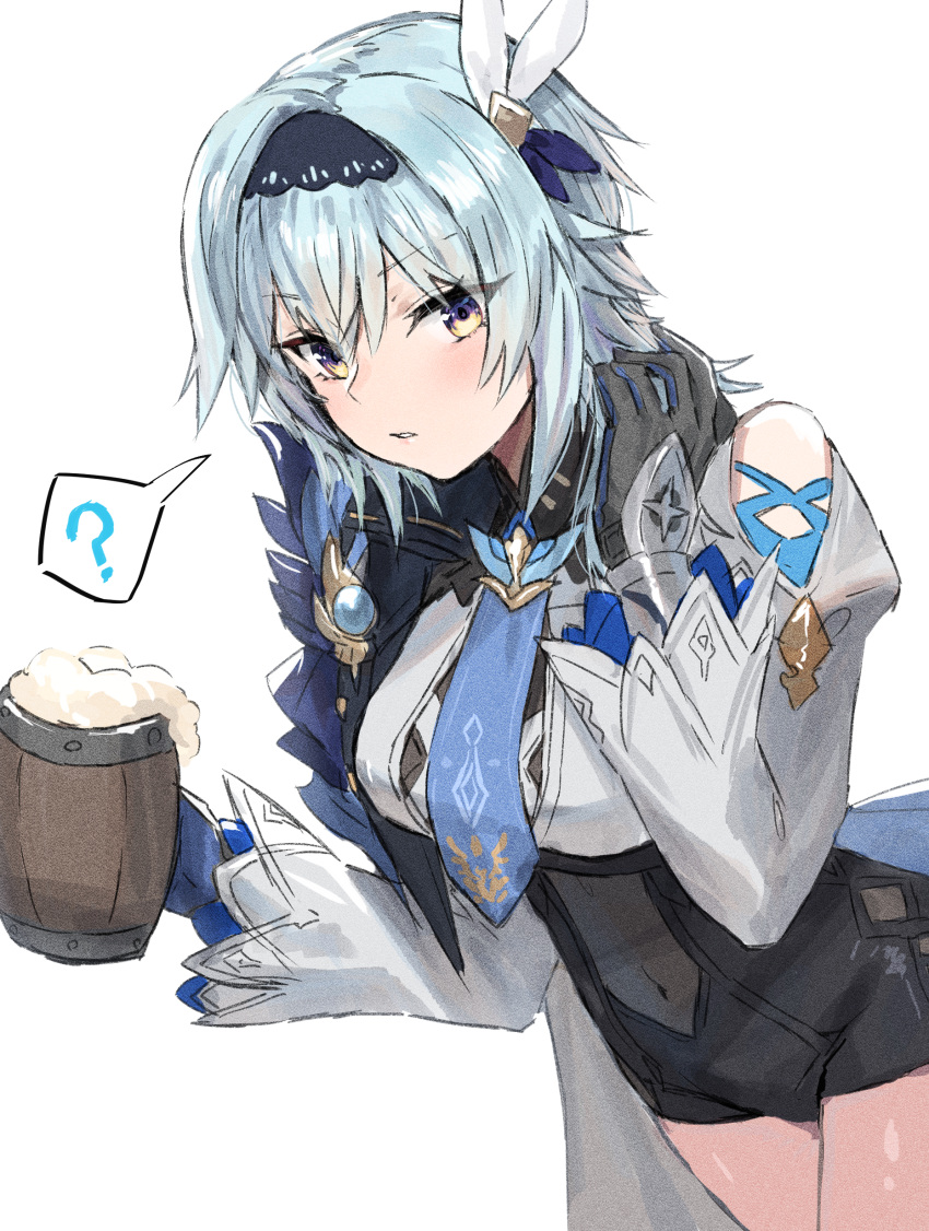 1girl ? absurdres alcohol bangs beer beer_mug black_gloves black_shorts blue_hair blue_necktie cup eula_(genshin_impact) genshin_impact gloves headband highres holding holding_cup long_sleeves looking_at_viewer mug necktie open_mouth raw_egg_lent short_hair shorts simple_background solo spoken_question_mark teeth white_background yellow_eyes