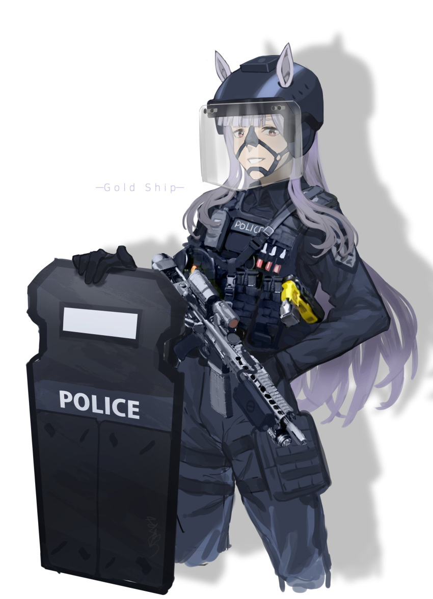 1girl absurdres animal_ears assault_rifle bangs black_gloves black_headwear black_pants black_shirt character_name commentary gloves gold_ship_(umamusume) grin gun helmet highres holding holding_gun holding_shield holding_weapon horse_ears horse_girl i_n_a_e_n long_hair long_sleeves looking_at_viewer open_mouth pants police police_uniform policewoman purple_eyes purple_hair rifle shadow shield shirt simple_background smile solo taser teeth umamusume uniform weapon white_background
