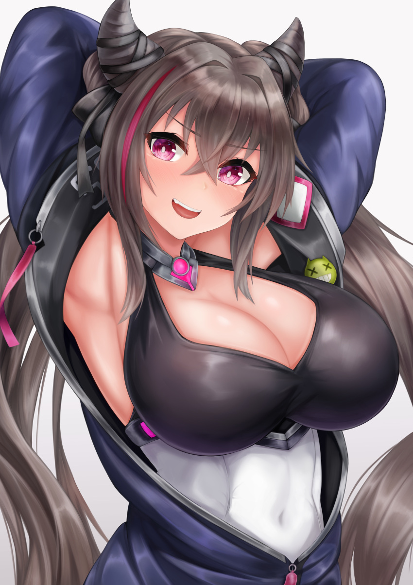 1girl :d absurdres armpits arms_behind_head arms_up azur_lane badge bangs bare_shoulders black_ribbon blue_jacket breasts button_badge cleavage commentary covered_navel crossed_bangs dress eyebrows_visible_through_hair fang grey_hair hair_between_eyes hair_horns hair_ribbon highres jacket large_breasts long_hair looking_at_viewer multicolored_hair open_mouth partially_unzipped purple_eyes purple_hair ribbon ryara san_francisco_(azur_lane) sidelocks simple_background sleeveless sleeveless_dress smile solo standing streaked_hair teeth twintails upper_body upper_teeth very_long_hair white_background white_dress