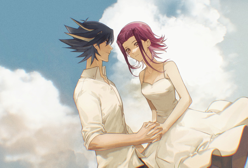 1boy 1girl 2rzmcaizerails6 black_hair blonde_hair blue_eyes blue_sky breasts brown_eyes closed_mouth cloud collarbone collared_shirt couple day dress dress_shirt dutch_angle eye_contact fudou_yuusei hairband hetero highres holding_hands interlocked_fingers izayoi_aki looking_at_another medium_hair multicolored_hair outdoors pink_hairband red_hair shirt sidelocks sky sleeveless sleeveless_dress sleeves_rolled_up small_breasts smile spiked_hair standing sundress two-tone_hair white_dress white_shirt wing_collar yu-gi-oh! yu-gi-oh!_5d's