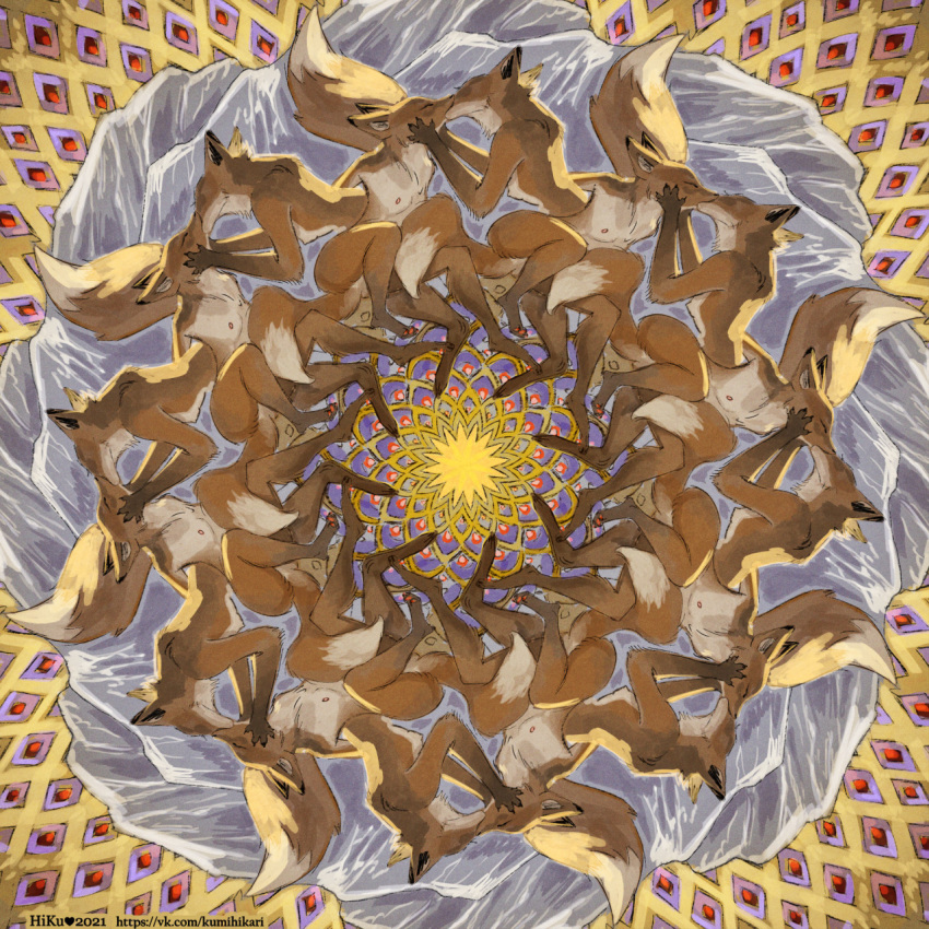 &lt;3 2021 abstract_background anthro artist_name black_claws breasts brown_body brown_fur canid canine claws digitigrade dipstick_tail eyes_closed female fox fur gloves_(marking) group hand_on_face hi-ku hi_res kissing leg_markings mammal mandala mandala_background markings nipples nude pawpads pink_nipples pink_pawpads socks_(marking) tail_markings text url