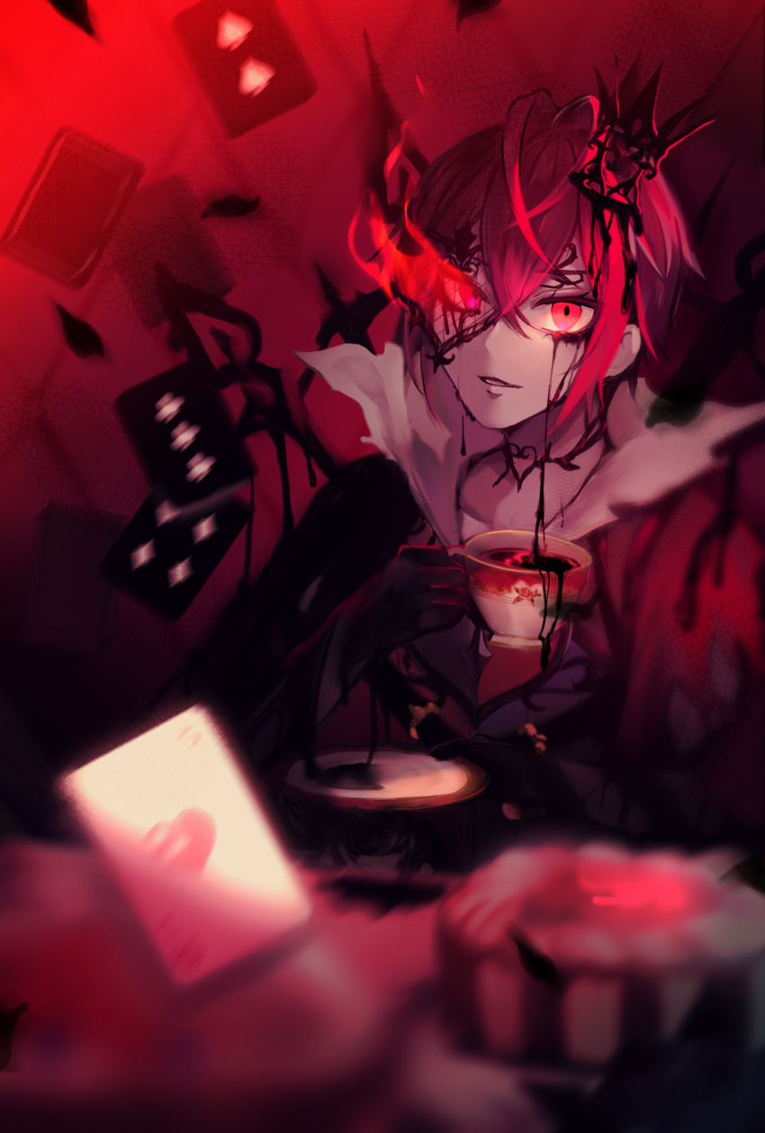 1boy ahoge bangs black_gloves card choker collarbone crossed_bangs crown cup dripping flaming_eye gloves hair_between_eyes heart heart_ahoge heart_print highres holding holding_cup ink ink_on_face inkblot kakkou_(kakkkkkou) looking_at_viewer male_focus mini_crown overblot overflow parted_lips playing_card red_background red_eyes red_hair riddle_rosehearts saucer short_hair sitting smile solo teacup torn_clothes twisted_wonderland