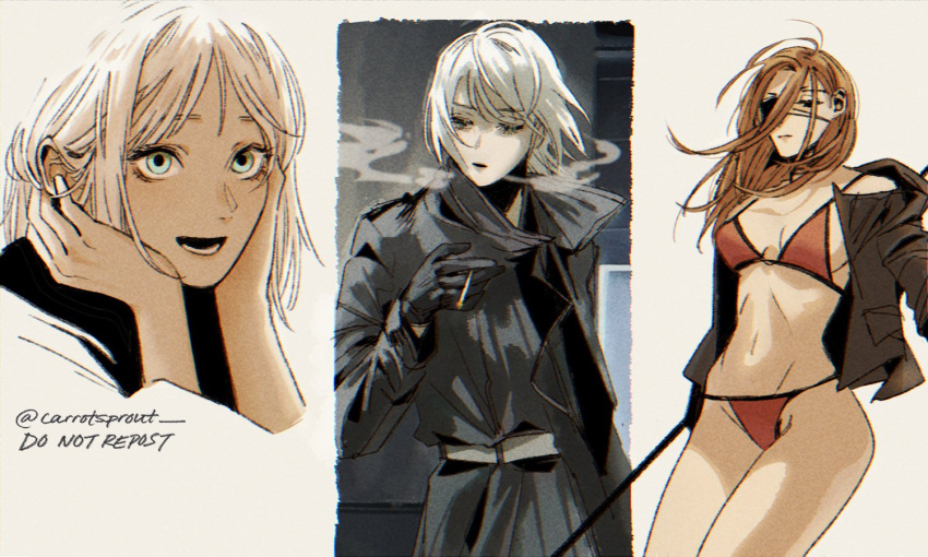 3girls age_difference artist_name bikini black_coat black_jacket blonde_hair breasts carrotsprout cigarette cleavage coat collage expressionless fire_punch happy jacket judah_(fire_punch) long_hair luna_(fire_punch) multiple_girls polearm short_hair smile smoke smoking snow spear spear_woman_(fire_punch) swimsuit underwear weapon white_hair winter winter_clothes