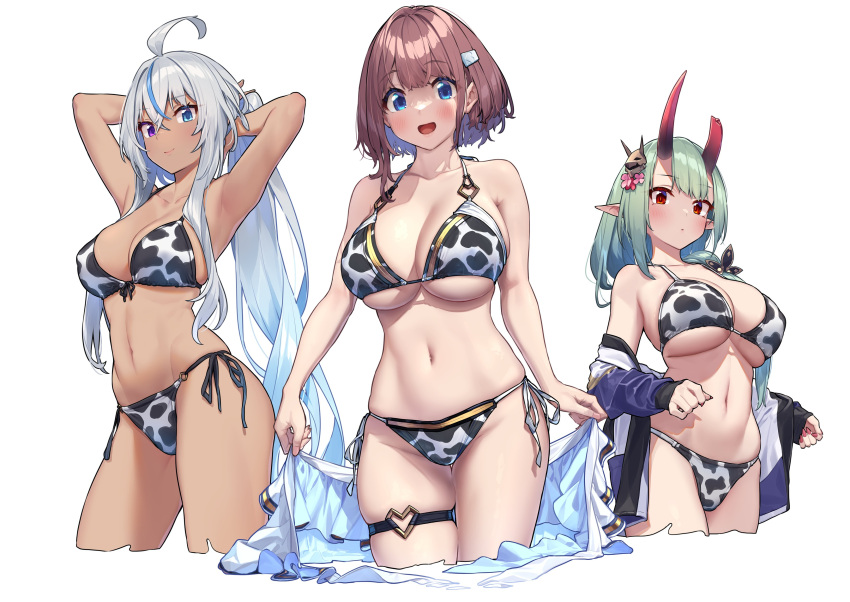 3girls :o absurdres ahoge akari_(baffu) animal_print armpits arms_behind_head baffu bangs bare_hips bare_shoulders bikini blue_eyes blue_hair blush breasts broken_horn brown_hair cleavage closed_mouth clothes_removed commentary_request cow_print cowboy_shot dark-skinned_female dark_skin eyebrows_visible_through_hair flower gradient_hair green_hair hair_between_eyes hair_flower hair_ornament heterochromia highres hitoyo_(baffu) horns jacket jacket_partially_removed large_breasts long_hair long_sleeves looking_at_viewer medium_breasts multicolored_hair multiple_girls navel off_shoulder oni oni_horns open_clothes open_jacket open_mouth original partially_undressed plump pointy_ears print_bikini purple_eyes red_eyes red_horns reward_available side-tie_bikini silver_hair simple_background skin_tight skindentation smile standing stomach streaked_hair swimsuit thick_thighs thigh_strap thighhighs thighs underboob undressing very_long_hair white_background yuuna_(baffu)
