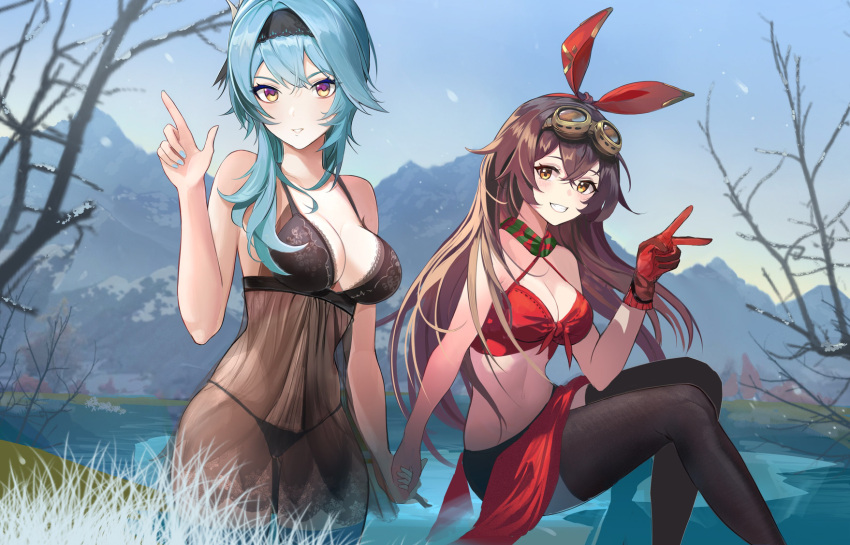 2girls amber_(genshin_impact) bare_arms bare_shoulders bikini black_bra black_panties blue_hair bra breasts brown_eyes brown_hair cleavage day eula_(genshin_impact) front-tie_bikini front-tie_top genshin_impact gloves goggles goggles_on_head grin hair_ribbon hairband halter_top halterneck hand_up highres holding_hands index_finger_raised jiao_cat large_breasts lingerie long_hair looking_at_viewer medium_breasts multiple_girls outdoors panties purple_eyes red_bikini red_gloves revealing_clothes ribbon see-through sheer_clothes sitting smile standing string_bikini string_panties swimsuit underwear v wading water yuri