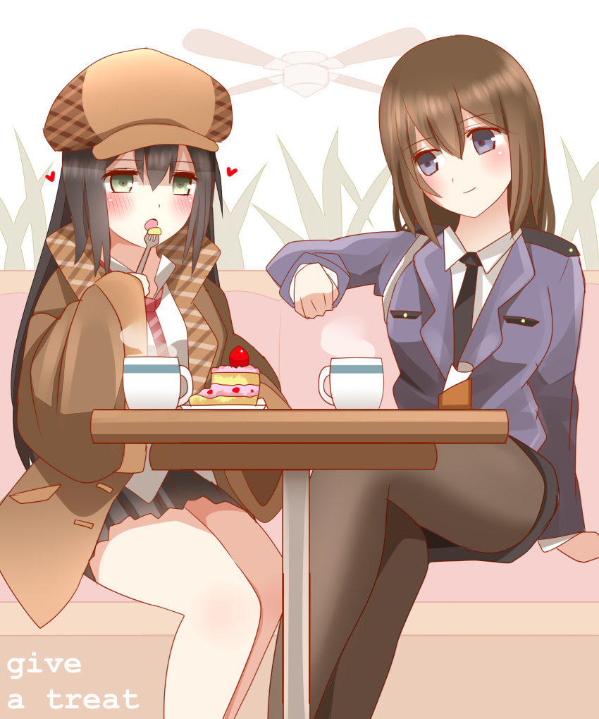 2girls :o absurdres bangs black_hair black_legwear black_necktie black_skirt blue_jacket blush brown_coat brown_hair brown_headwear cake cake_slice ceiling_fan closed_mouth coat collared_shirt commentary_request couch crossed_legs cup deerstalker detective diagonal-striped_neckwear diagonal_stripes english_text eyebrows_visible_through_hair food fork green_eyes hair_between_eyes hat heart highres holding holding_fork indoors jacket long_hair long_sleeves multiple_girls necktie non_(wednesday-classic) on_couch open_clothes open_coat open_mouth original pantyhose plaid_headwear police police_uniform policewoman purple_eyes shirt sitting skirt sleeves_past_wrists smile steam striped uniform very_long_hair white_shirt