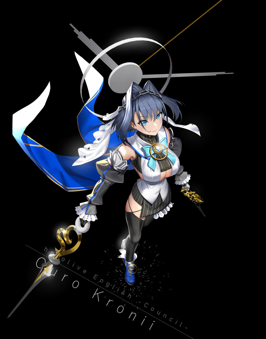 1girl absurdres bangs black_background black_hair black_legwear blue_eyes blue_neckwear bow bowtie breasts cleavage crop_top detached_sleeves english_text eyebrows_visible_through_hair full_body hair_intakes head_chain highres holding holding_weapon hololive hololive_english large_breasts looking_at_viewer looking_up mechanical_halo ouro_kronii short_hair side_slit simple_background skirt solo striped striped_skirt sunkilow thighhighs turtleneck veil weapon white_veil zipper