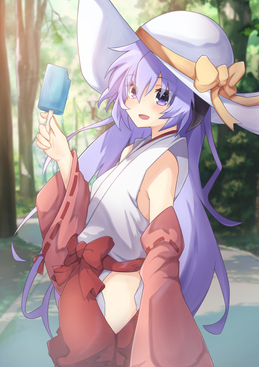 1girl bangs bare_shoulders blush bow breasts curled_horns day detached_sleeves eyebrows_visible_through_hair food from_side hair_between_eyes hakama hakama_skirt hand_up hanyuu hat highres higurashi_no_naku_koro_ni horns ice_cream japanese_clothes kimono long_hair long_sleeves looking_at_viewer miko nature nontraditional_miko open_mouth outdoors path popsicle purple_eyes purple_hair red_bow red_hakama ribbon ribbon-trimmed_sleeves ribbon_trim road shiny shiny_hair skirt sleeveless sleeveless_kimono smile solo tree upper_body very_long_hair white_headwear wide_sleeves yellow_ribbon yuyunatsuki