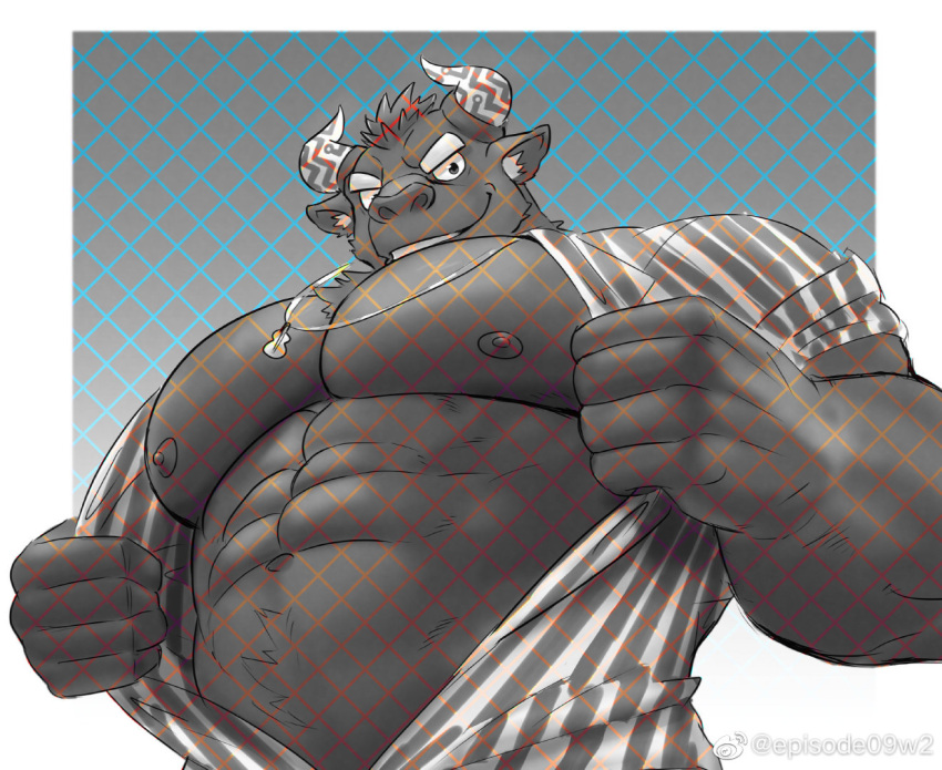 1boy abs animal_ears bara bare_pectorals brown_fur cow_ears cow_horns ep06 facial_hair from_below furry furry_male goatee gyumao_(housamo) horns large_pectorals male_focus mature_male minotaur mohawk muscular muscular_male navel nipples pectorals red_hair shirt short_hair smile solo stomach striped striped_shirt thick_eyebrows tokyo_afterschool_summoners undressing upper_body