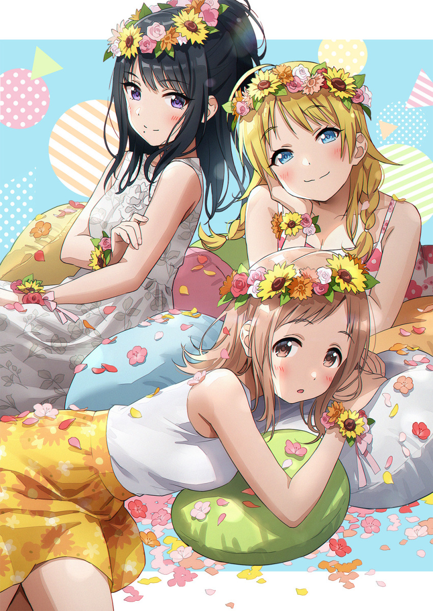 3girls :o alternate_costume black_hair blonde_hair blush braid brown_hair cushion dress eyebrows_visible_through_hair floral_print flower hachimiya_meguru head_rest head_wreath highres idolmaster idolmaster_shiny_colors illumination_stars_(idolmaster) kazano_hiori letterboxed looking_at_viewer multiple_girls patterned_background petals ponytail sakuragi_mano shirt sleeveless sleeveless_dress sleeveless_shirt smile sonsoso twin_braids wrist_flower