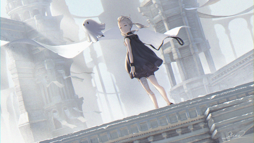 1girl absurdres bandaged_leg bandages bangs_pinned_back bare_shoulders bite_addict black_collar black_dress bloomers collar cuffs dress fio_(nier) grey_eyes highres long_hair looking_at_viewer mama_(nier) nier_(series) nier_reincarnation official_style sleeveless sleeveless_dress twintails underwear white_dress