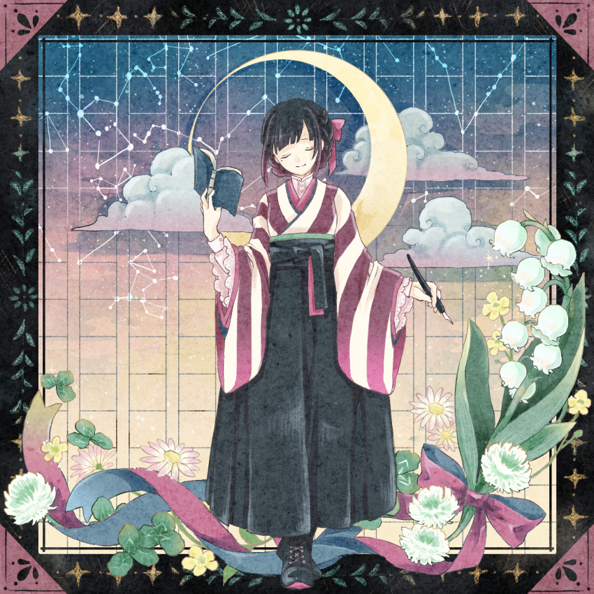1girl bangs black_border black_footwear black_hair black_hakama blue_background blue_ribbon book boots border bow braid buttons closed_eyes cloud clover clover_(flower) cocoroppy collared_shirt commentary_request constellation crescent_moon daisy facing_viewer flower flower_border flower_request full_body gradient gradient_background hair_bow hair_ribbon hakama hakama_skirt hand_up head_tilt highres holding holding_book holding_pen horizontal_stripes japanese_clothes kimono lace_trim lily_of_the_valley moon nib_pen_(object) open_book original outside_border pen pink_flower red_bow red_kimono red_ribbon ribbon shirt short_hair sidelocks skirt smile solo standing star_(sky) striped striped_kimono two-tone_kimono white_flower white_kimono white_shirt yellow_background yellow_flower