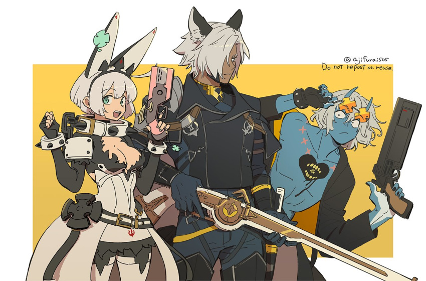 1girl 2boys animal_ears asaya_minoru blue_skin bracelet breasts cleavage clover collar colored_skin crossover dark-skinned_male dark_skin dress elphelt_valentine erune eustace_(granblue_fantasy) eyebrows_visible_through_hair fake_animal_ears fingerless_gloves four-leaf_clover glasses gloves granblue_fantasy granblue_fantasy_versus grey_hair guilty_gear guilty_gear_strive guilty_gear_xrd gun hair_over_one_eye handgun happy_chaos holding holding_weapon horns jewelry looking_at_viewer multiple_boys rabbit_ears rifle spiked_bracelet spiked_collar spikes twitter_username weapon wedding_dress wolf_ears x-shaped_eyewear