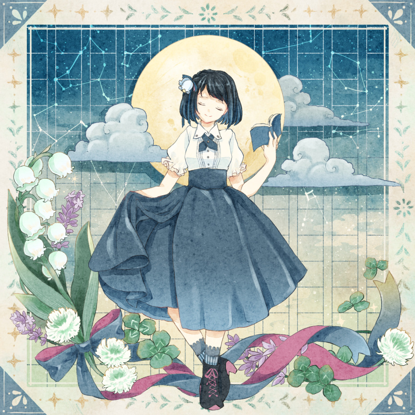 1girl bangs black_footwear black_hair blue_background blue_legwear blue_ribbon bob_cut book boots border buttons closed_eyes cloud clover clover_(flower) cocoroppy collared_shirt commentary_request constellation crossed_ankles facing_viewer flower flower_request four-leaf_clover frilled_sleeves frills full_moon gradient gradient_background hair_flower hair_ornament hair_ribbon head_tilt heel_up high-waist_skirt highres holding holding_book lily_of_the_valley long_skirt meme_attire moon neck_ribbon open_book original puffy_short_sleeves puffy_sleeves purple_flower red_ribbon ribbon shirt short_hair short_sleeves skirt skirt_hold smile socks solo star_(sky) striped striped_legwear virgin_killer_outfit white_flower white_shirt yellow_background yellow_border
