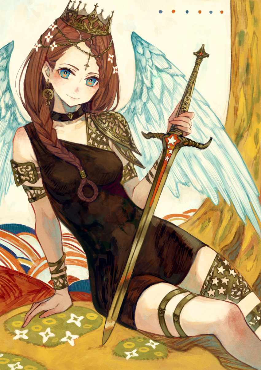 1girl absurdres arm_support armlet black_dress blue_eyes bracelet braid closed_mouth commentary crown dress feet_out_of_frame highres holding holding_sword holding_weapon jewelry kusano_shinta looking_at_viewer original red_hair single_braid sitting sleeveless sleeveless_dress smile solo sword thigh_strap tree weapon wings