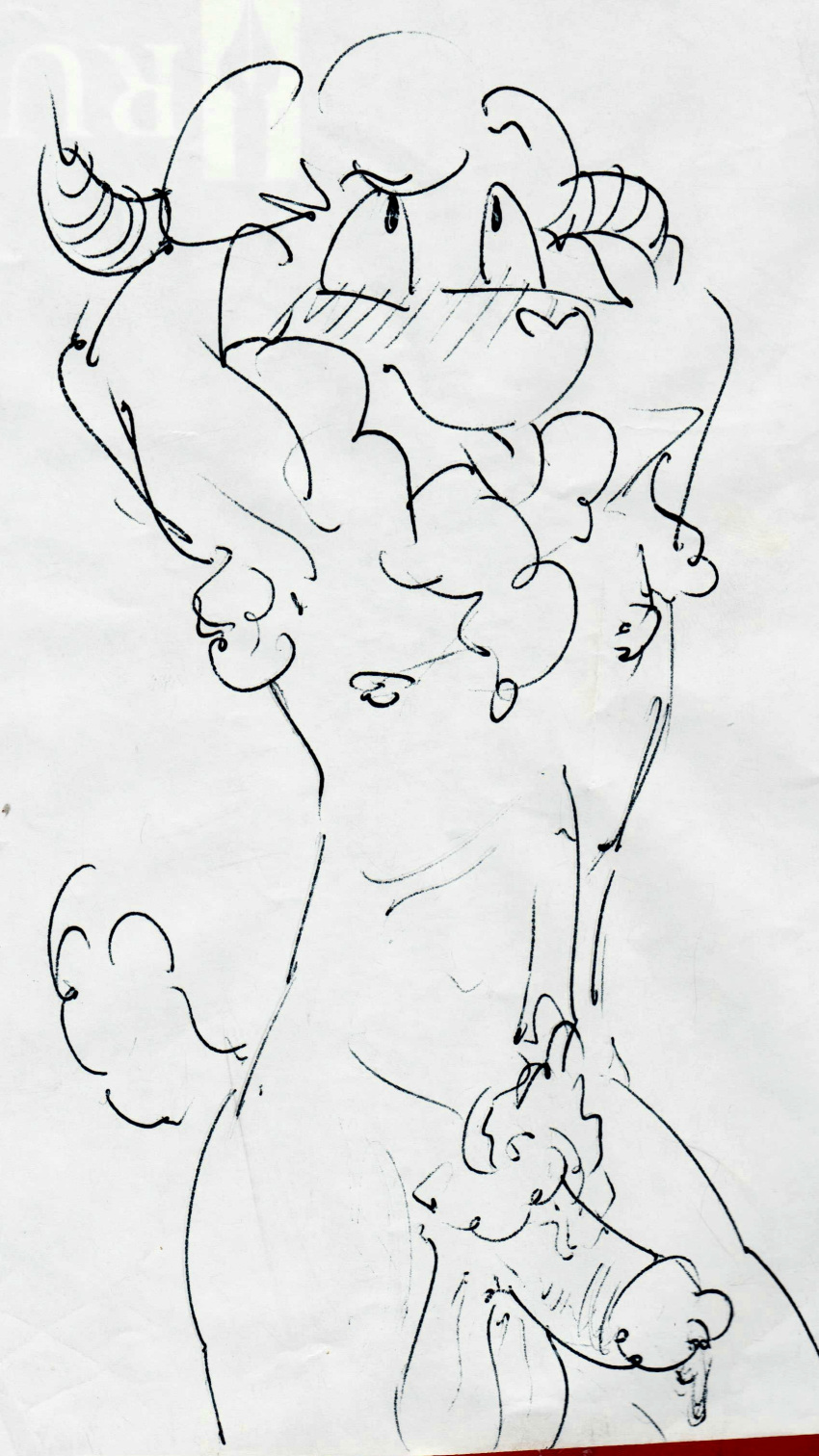 absurd_res anthro armpit_hair balls blush bodily_fluids body_hair bovid caprine chest_hair cotton_tail genital_fluids genitals hi_res male mammal monochrome penis precum pubes ram_satinga saggy_balls sheep slim solo tongue tongue_out traditional_media_(artwork)