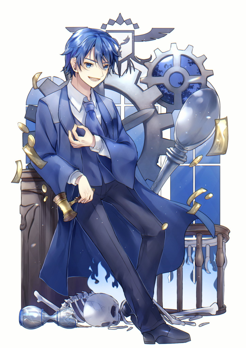 arm_rest aryuma772 ascot black_pants blue_ascot blue_eyes blue_fire blue_hair branch broken_hourglass coat_of_arms coin dollar_bill evillious_nendaiki fire gallerian_marlon gavel gears hammer highres holding holding_hammer hourglass judge kaito_(vocaloid) leaning_on_object looking_at_viewer marlon_spoon moccasins money money_gesture pants ribs robe shirt skeleton skull smile solo vessel_of_sin vocaloid windows