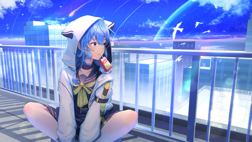 1girl absurdres animal_hood bangs blue_choker blue_eyes blue_hair blue_sailor_collar blue_skirt blue_sky bow bowtie choker cityscape cloud commentary_request day drinking_straw_in_mouth highres hololive hood hood_up hooded_jacket hoshimachi_suisei jacket juice_box long_hair long_sleeves looking_away looking_to_the_side mouth_hold open_clothes open_jacket outdoors railing sailor_collar skirt sky solo star_(symbol) star_in_eye symbol_in_eye v_arms virtual_youtuber white_jacket yellow_bow yellow_bowtie yoruillust