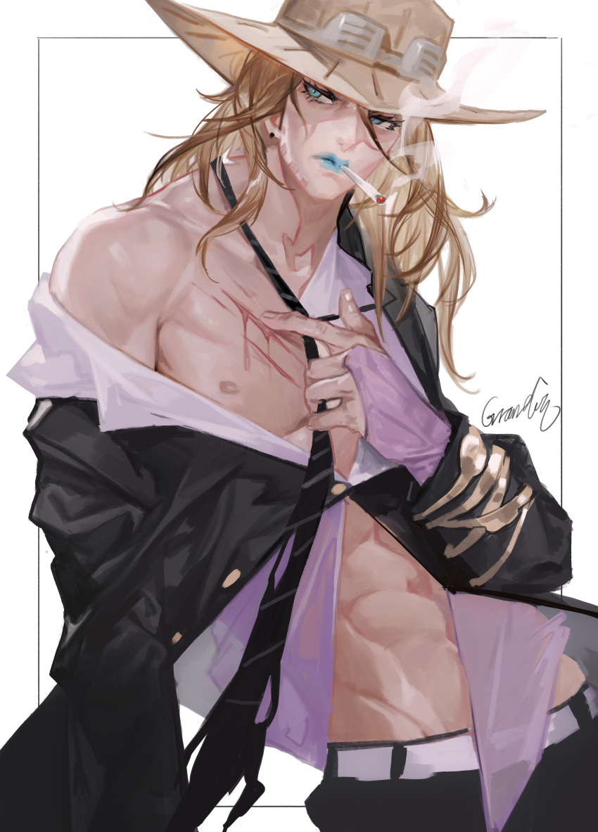 1boy absurdres beard blonde_hair blue_eyes bridal_gauntlets cigarette facial_hair formal grandia_lee gyro_zeppeli hat highres jojo_no_kimyou_na_bouken long_hair male_focus off_shoulder open_clothes scar scar_on_chest smoking solo steel_ball_run suit undressing