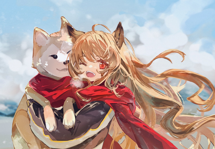 1girl ;d absurdres ahoge animal animal_ears arknights bangs blonde_hair blue_sky blush breath ceobe_(arknights) cold day dog dog_ears eyebrows_visible_through_hair floating_hair highres holding holding_animal holding_dog kirrrara long_hair long_sleeves looking_at_viewer one_eye_closed outdoors red_eyes red_scarf scarf shared_scarf shiba_inu sky smile solo teeth upper_body upper_teeth very_long_hair wind