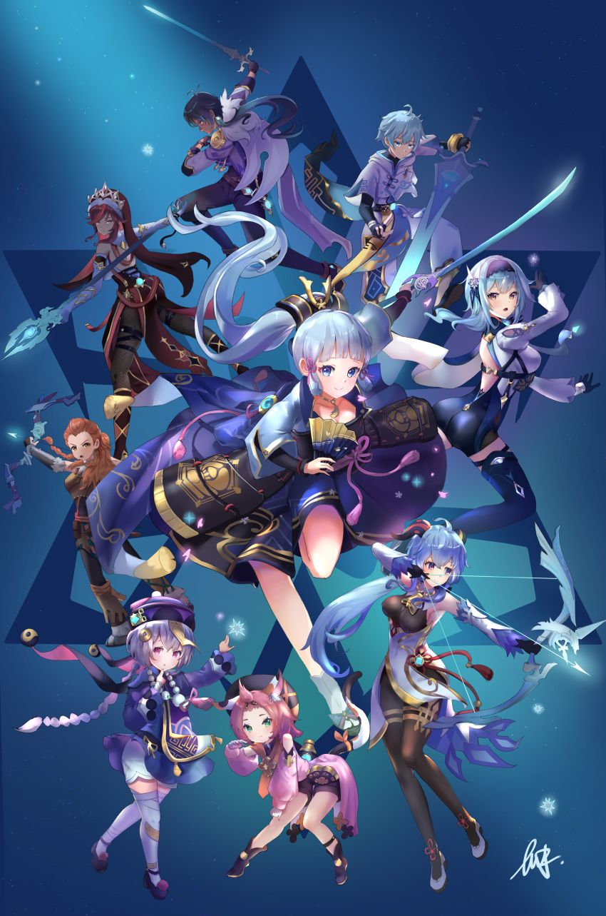 2boys 6+girls absurdres aloy_(horizon) animal_ears arm_guards armor armored_dress arrow_(projectile) backless_leotard bangs bare_shoulders bead_necklace beads bell black_bodysuit black_hairband black_headband black_leotard blue_hair blunt_bangs bodice bodysuit boots bow_(weapon) braid breastplate breasts brown_hair cat_ears cat_girl cat_tail chongyun_(genshin_impact) claw_ring clover_print coif coin_hair_ornament cowbell crossover curvy dark-skinned_male dark_skin detached_sleeves diona_(genshin_impact) earrings eula_(genshin_impact) eyepatch fishnets fur_scarf ganyu_(genshin_impact) genshin_impact greatsword habit hair_ribbon hairband hand_fan hat headband high-waist_shorts high_heels highres holding holding_bow_(weapon) holding_fan holding_weapon horizon_zero_dawn horns japanese_armor jewelry jiangshi kaeya_(genshin_impact) kamisato_ayaka large_breasts leotard light_blue_eyes light_blue_hair long_hair looking_at_viewer looking_to_the_side medium_hair mole mole_under_eye multicolored_clothes multicolored_headwear multiple_boys multiple_girls necklace northman48 nun ofuda paw_print pink_hair ponytail puffy_detached_sleeves puffy_shorts puffy_sleeves purple_eyes purple_hair purple_headwear qing_guanmao qiqi_(genshin_impact) red_eyes red_hair ribbon rosaria_(genshin_impact) shorts single_earring tail talisman tassel thick_eyebrows thigh_boots thigh_strap thighhighs tress_ribbon two-tone_dress vambraces veil vision_(genshin_impact) weapon