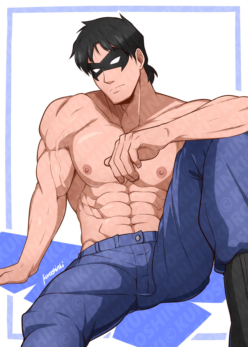 1boy abs absurdres artist_name bara black_hair blue_pants boots closed_mouth dick_grayson domino_mask highres kuroshinki large_pectorals looking_at_viewer male_focus mask muscular muscular_male navel nightwing nipples pants pectorals short_hair simple_background sitting solo topless_male veins veiny_arms young_justice