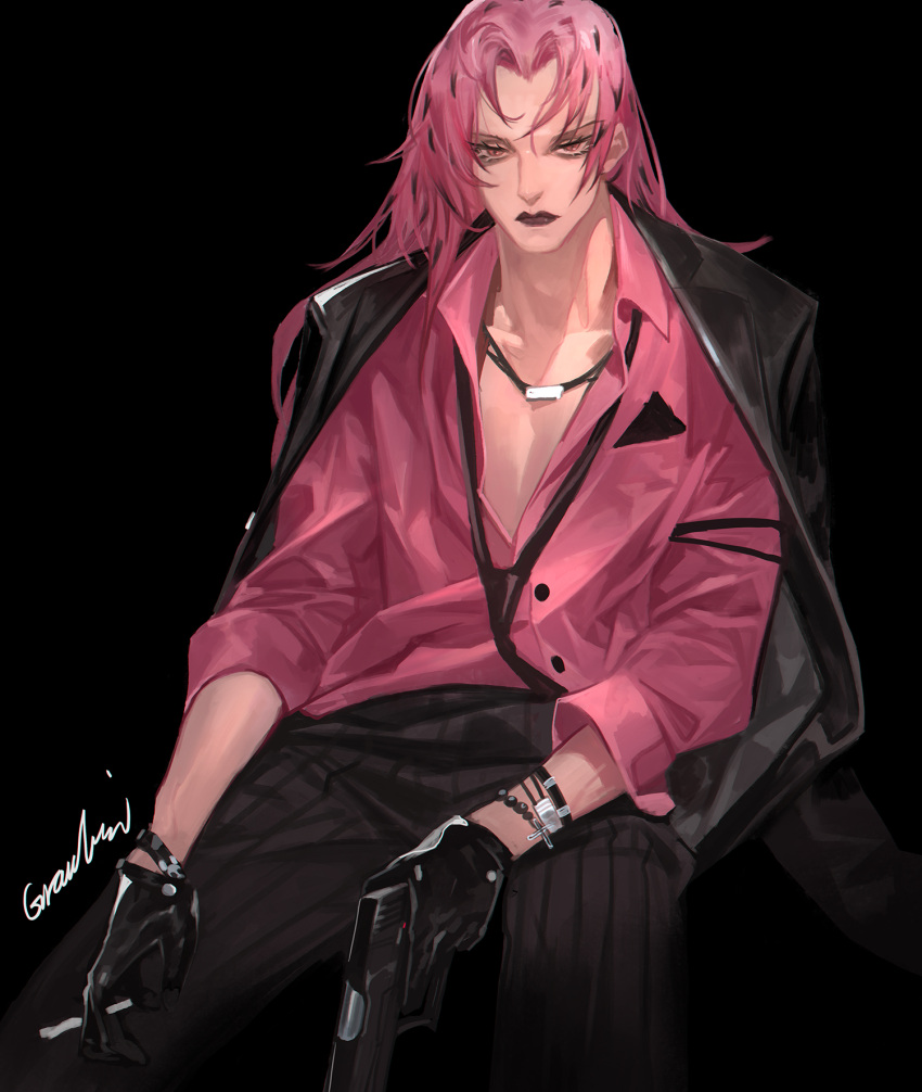 1boy black_gloves black_lips bracelet diavolo formal gloves gun highres holding holding_gun holding_weapon jewelry jojo_no_kimyou_na_bouken lipstick long_hair makeup male_focus off_shoulder pink_hair pink_shirt polka_dot_hair shirt solo suit vento_aureo watch weapon wristwatch