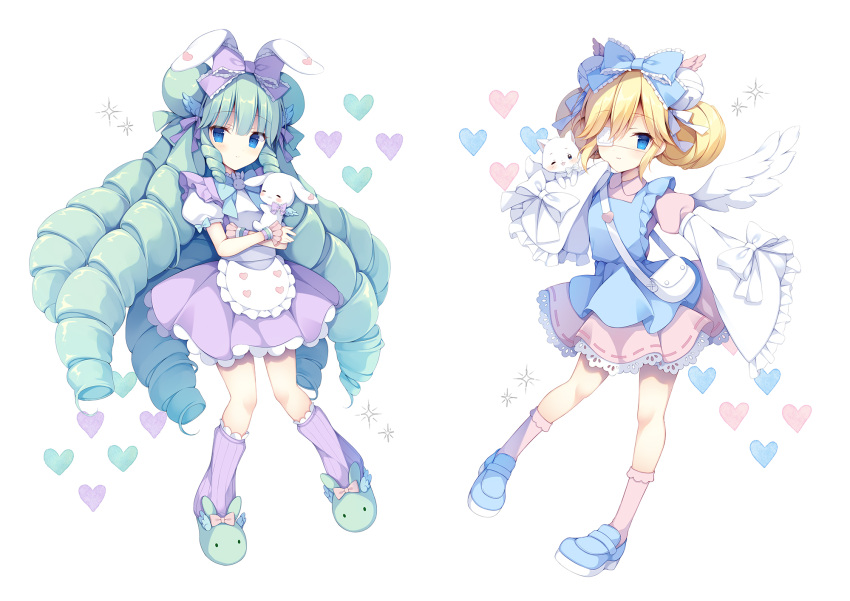 2girls animal animal_ears animal_slippers apron bag bangs bell blonde_hair blue_apron blue_bow blue_eyes blue_footwear blush bobby_socks bow bunny cat closed_mouth collared_dress commission cutesu_(cutesuu) double_bun dress drill_hair eyebrows_visible_through_hair eyepatch feathered_wings frilled_apron frilled_bow frilled_sleeves frills green_footwear green_hair hair_bell hair_between_eyes hair_bow hair_ornament heart highres izuminanase jingle_bell layered_sleeves loafers long_hair long_sleeves loose_socks medical_eyepatch miruku_(cutesuu) multiple_girls original pink_dress pink_legwear pixiv_request pleated_dress pleated_skirt puffy_short_sleeves puffy_sleeves purple_bow purple_legwear purple_skirt rabbit_ears ribbed_legwear shirt shoes short_over_long_sleeves short_sleeves shoulder_bag simple_background skirt sleeves_past_fingers sleeves_past_wrists slippers smile socks very_long_hair waist_apron white_apron white_background white_cat white_shirt white_wings wide_sleeves wings