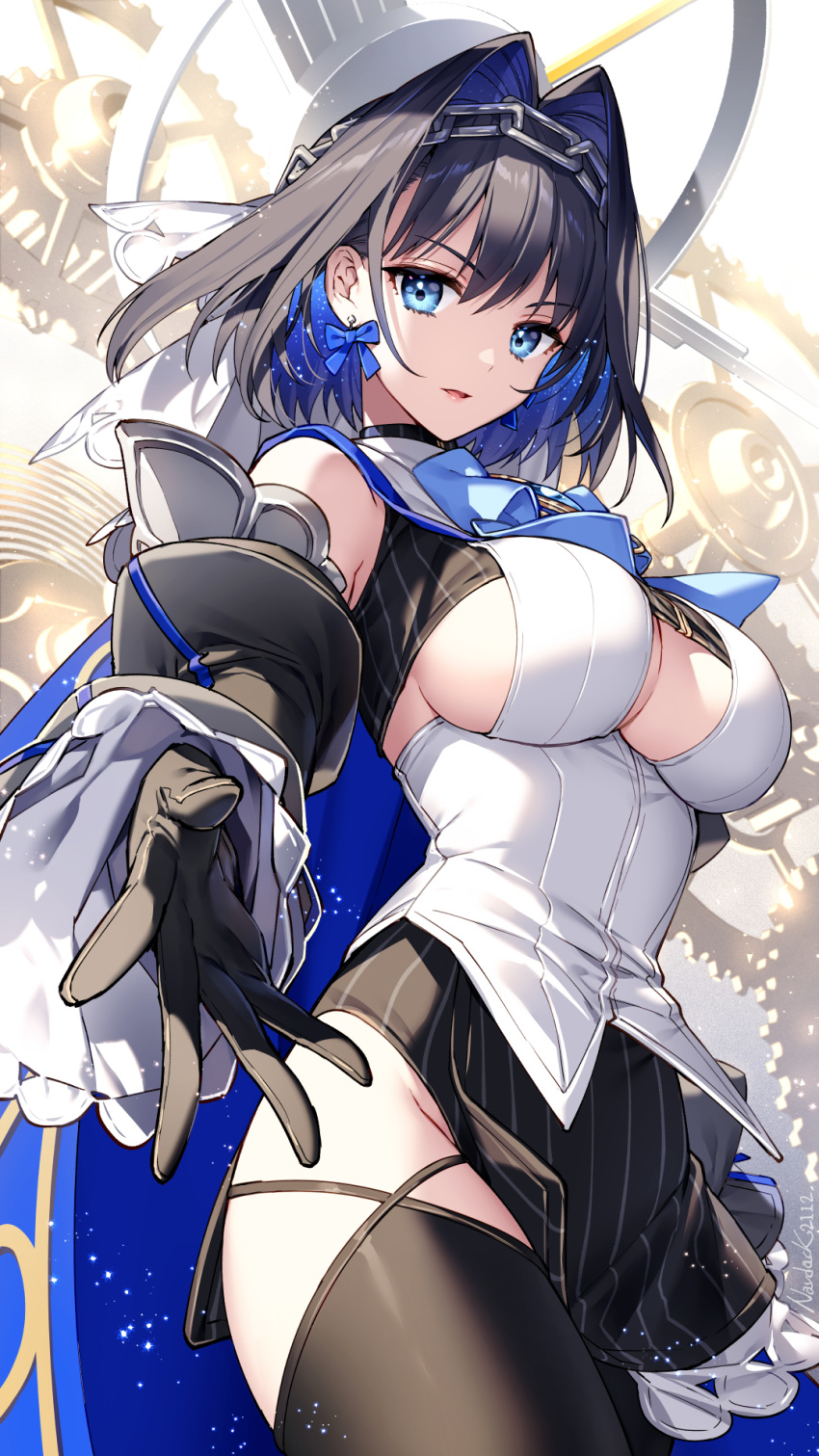 1girl bangs black_gloves black_hair black_legwear black_skirt blue_bow blue_hair bow bow_earrings breasts chain colored_inner_hair commentary detached_sleeves earrings eyebrows_visible_through_hair gloves hair_intakes head_chain highres hololive hololive_english jewelry large_breasts long_sleeves looking_at_viewer mechanical_halo multicolored_hair nardack ouro_kronii parted_lips reaching_out shirt sideboob skirt solo striped striped_skirt symbol-only_commentary thighhighs vertical-striped_skirt vertical_stripes virtual_youtuber white_shirt