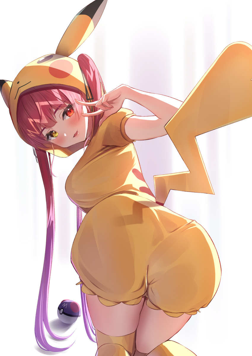 1girl all_fours ass bangs black_ribbon blush breasts commentary_request cosplay eyebrows_visible_through_hair from_behind gradient_hair hair_ribbon hand_up highres hololive hood hood_up houshou_marine long_hair looking_at_viewer looking_back multicolored_hair nyaa28 parted_lips pikachu pikachu_(cosplay) pikachu_costume pikachu_hood pikachu_tail poke_ball pokemon pokemon_tail purple_hair red_eyes ribbon short_sleeves shorts simple_background smile solo tail thighhighs twintails v very_long_hair virtual_youtuber yellow_eyes yellow_legwear yellow_shorts