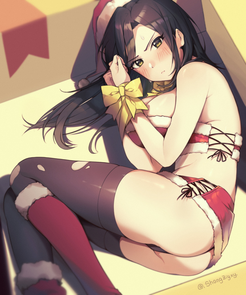 1girl armpit_crease asymmetrical_footwear black_hair black_panties blush bound bound_wrists box breasts christmas commentary cross-laced_clothes frown fur-trimmed_skirt fur-trimmed_tube_top fur_trim gift gift_box hat highres idolmaster idolmaster_cinderella_girls in_box in_container large_breasts looking_at_viewer lying miniskirt mukai_takumi on_side panties santa_hat shangzi skirt solo straight_hair strapless symbol-only_commentary thighhighs torn_clothes torn_legwear tube_top underwear